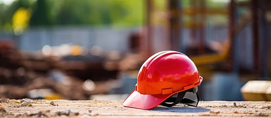 Poster Red hardhat placed at construction site Safety equipment with copyspace for text © 2rogan
