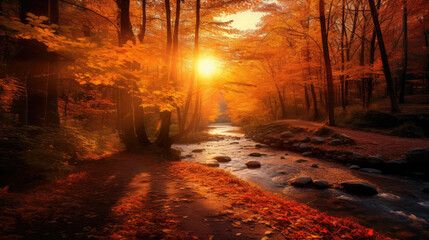 Natural autumn landscape with the sun in the forest and a mountain of orange leaves.
