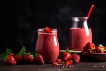 Tasty smoothie with strawberry topping. Generative AI