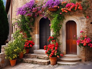 Fototapeta na wymiar Beautiful Tuscan Doorway with Floral Decoration in Colorful Summer Village Landscape