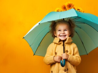 Cheerful Caucasian Toddler with Umbrella on Beautiful Colored Background - Perfect for Autumn or Summer
