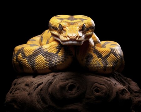 Captive Banana Ball Python in Dark Background. Beautiful Cold-blooded Reptile, Perfect for Herpetology and Wildlife Photography Enthusiasts