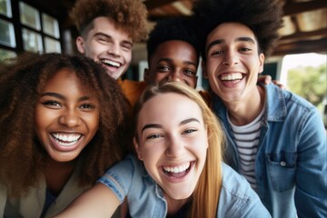 Obraz premium Friendly Multiracial Teenagers Take a Selfie: African American Boy Smiling with Cheerful Friends on Happy Group Meeting