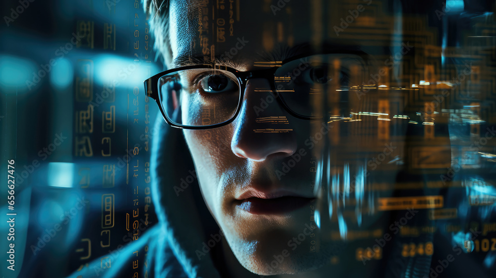 Poster cyber attack. portrait of young man in eyeglasses looking at computer screen while standing in data 