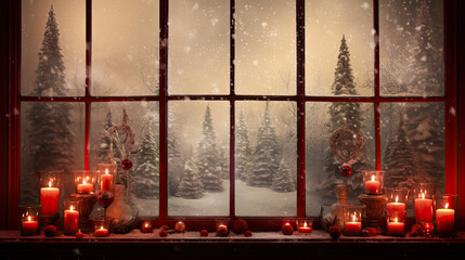 Burning candles and Christmas decorations on the windowsill