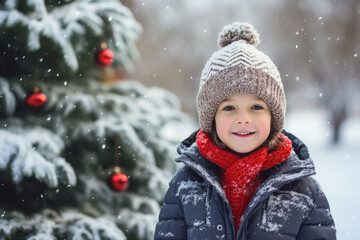 Portrait of boy near Christmas tree. Winter holidays and people concept. Merry Christmas and Happy New Year.
