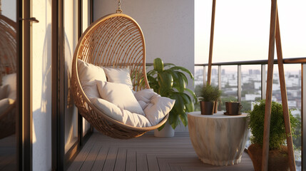 A tranquil balcony retreat with single woven hanging UHD wallpaper Stock Photographic Image