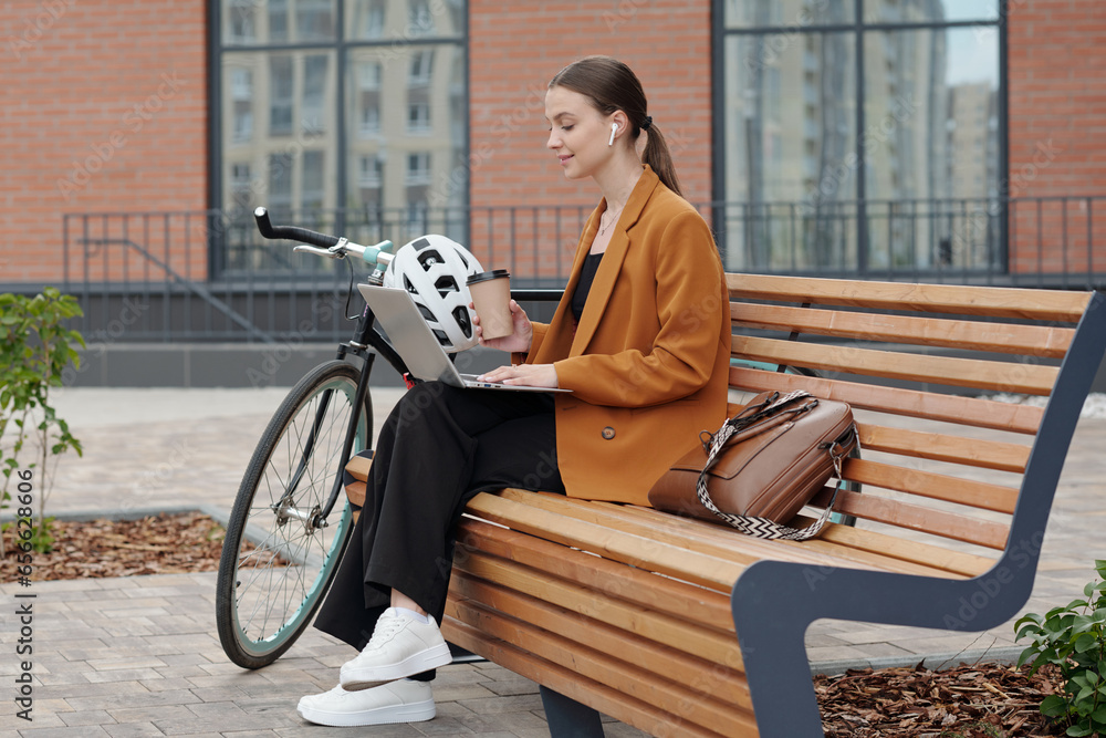 Poster Side view of young elegant female employee typing on laptop keyboard and having coffee while sitting on bench and communicating in video chat