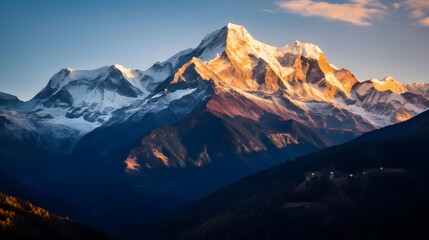 Panoramic view of snow-capped mountain peaks at sunrise