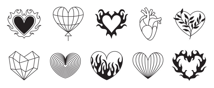 Vector design set, flames and fire, acid neo tribal shapes, y2k elements and abstract illustrations in gothic style, heart and love symbols, gothic and acid tattoos and print templates