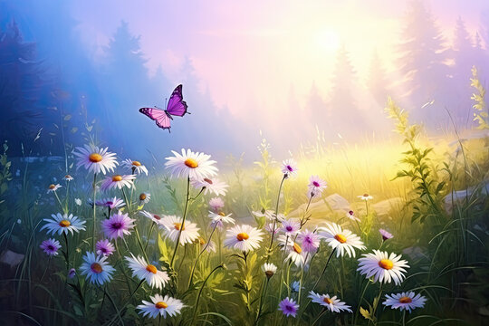 Beautiful natural summer spring panoramic scenery with clover flowers in a meadow and a fluttering butterfly against a blue sky with white clouds. Bright expressive artistic image of summer nature.