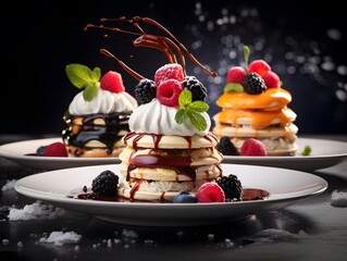 Delicious pancakes with berries and chocolate on black background, panorama