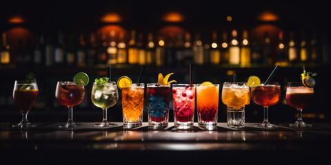 Variety of alcoholic drinks and multi colored cocktails on the reflective surface of bar counter. Blurred shelves with bottles on background. AI generative. - obrazy, fototapety, plakaty
