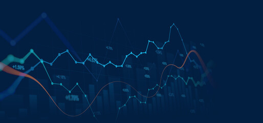 Widescreen Abstract financial graph with uptrend line and bar chart of stock market on blue color...