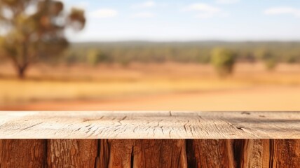 The empty wooden table top with blur background of Australian outback. Generative AI image AIG30.