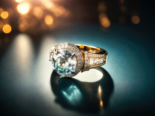 Catalogue Photography of a ring sparkling under a spotlight, reflective background. photo of wedding ring