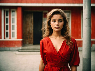 Fototapeta premium young beautiful woman wearing a traditional red dress stands on the street and looking at the camera