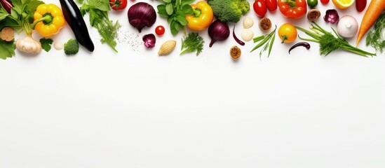 Various fresh vegetables and herbs seen from above and separated on a white background with copyspace for text