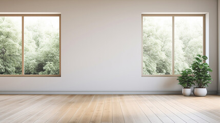 Pusty biały pokój z dużym oknem i drewnianą podłogą - obrazy, fototapety, plakaty