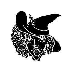 Witch. Graphic drawing of a woman's face. Halloween, a template for a holiday. Cutting along the contour. The silhouette of a witch. Vector witch head.A girl in a witch costume. Laser cutting.