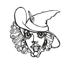 Witch. Graphic drawing of a woman's face. Halloween, a template for a holiday. Cutting along the contour. The silhouette of a witch. Vector witch head.A girl in a witch costume. Laser cutting.