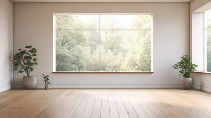 Fotobehang Pusty biały pokój z dużym oknem i drewnianą podłogą © Micha