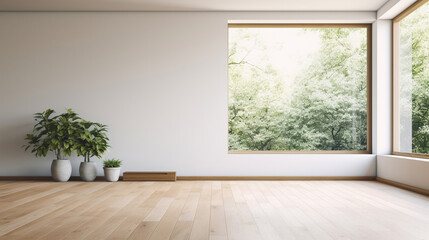 Pusty biały pokój z dużym oknem i drewnianą podłogą - 656630855
