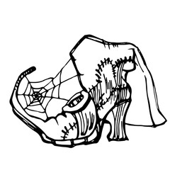 The witch's boot. An old cobweb boot. Halloween, a template for a holiday. Cutting along the contour. The silhouette of a boot. Vector boot with buckle, heel.
For a witch costume. Laser cutting