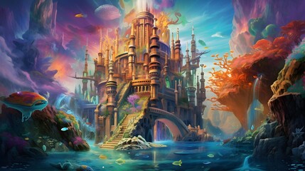 Fantasy landscape with a fantasy world. Panoramic illustration.