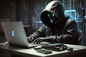 Computer Hacker hacking with his computer with black hood - obrazy, fototapety, plakaty