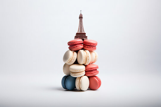Paris 2024 Olypics concept: French flag colored macarones stacked as Eiffel Tower