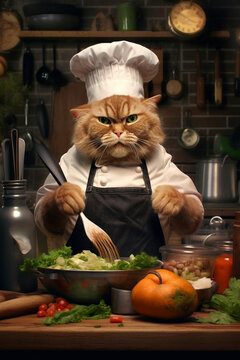Naklejki Cat blogger dressed as a chef. The cat looks at the camera and shows how to cook food, blogging concept. AI generated.