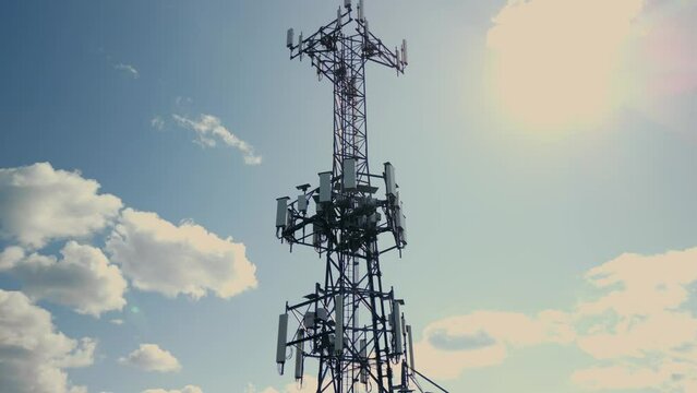 Drone shot on Mobile Tower installation. Cell site and Telecom Base Station. 