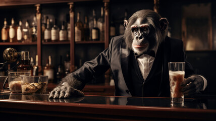 Chimpanzee monkey is a bartender or barista. - obrazy, fototapety, plakaty
