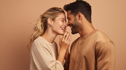 Side view of young woman covering ear of handsome smiling boyfriend while telling him gossip on isolated beige background. Couple standing together and sharing secrets with each other - obrazy, fototapety, plakaty