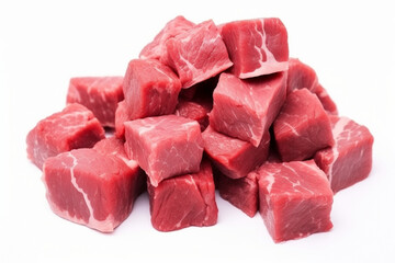 Fresh meat, meat cubes for frying isolated on white. - obrazy, fototapety, plakaty