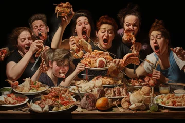 Foto op Plexiglas Overeating harm concept. Many people are sitting at the table, there are heaps of food on the table. AI generated. © serperm73