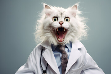 The cat in the white coat is a crazy funny doctor. Abstract illustration. AI generated.