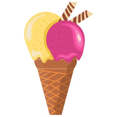 Vector illustration delicious colorful ice cream waffle cone. Many flavors of ice cream scoops waffle cone. On a transparency background.