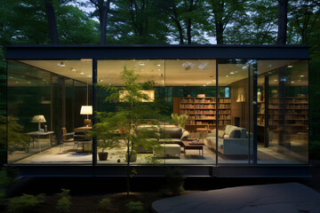 Completely glass house, a chalet in the forest. House with transparent walls and furniture.