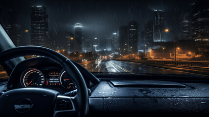 Driving the car at night. Point of view of driver from inside car. Night city. - obrazy, fototapety, plakaty