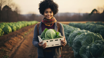 Portrait of a dedicated black woman holding a crate full of fresh cabbage in her hands on the farm outdoors. - obrazy, fototapety, plakaty