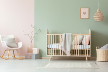 Children's room design with an adorable baby bed, crib. - obrazy, fototapety, plakaty