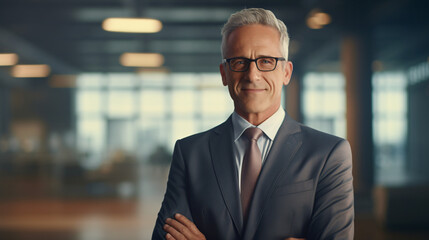 Smart mature businessman with glasses smiling and looking at camera - obrazy, fototapety, plakaty