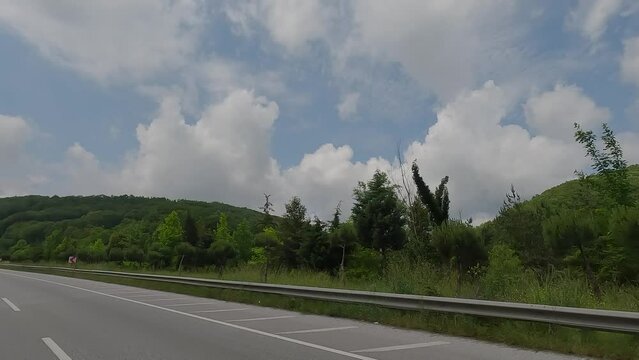 Road view on a summer day. Highways and cars, roadside and white road line markings.