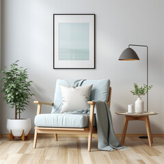 blue chair on floor with potted houseplant beside against grey wall for home interior design of modern living room

