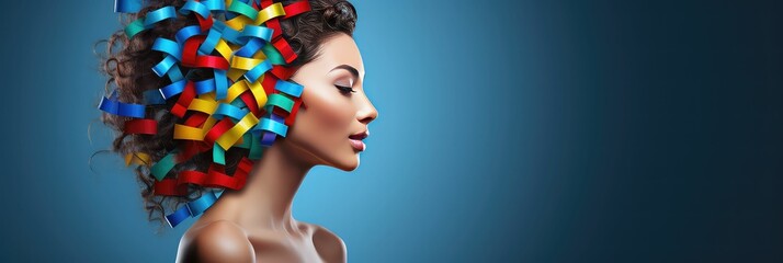 Different way of thinking: woman with multicolored radars in head - obrazy, fototapety, plakaty