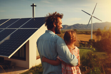 Dad and daughter are standing near the house with installed solar panels. On the back board are wind turbines. Renewable green energy concept. AI generated. - obrazy, fototapety, plakaty