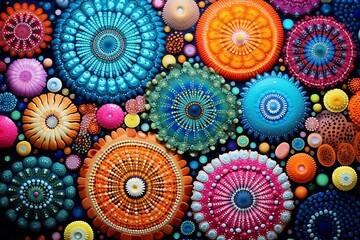 Photo of Mandela style colourful dot and shell painting with vibrant colours and various shapes created with Generative AI technology