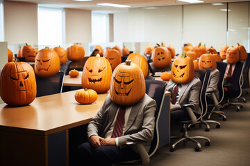 Office staff, business people are sitting in a meeting. People have pumpkins for heads. Stupidity concept. - obrazy, fototapety, plakaty